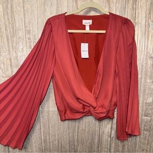 NEW Pleat Wide Sleeve Woven Twisted Smocked Waistband Blouse Top {L} Boho